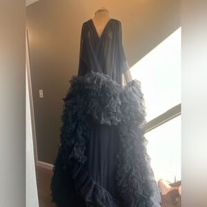 Chic Black Ruffled Evening Robe Plus Size XXXL